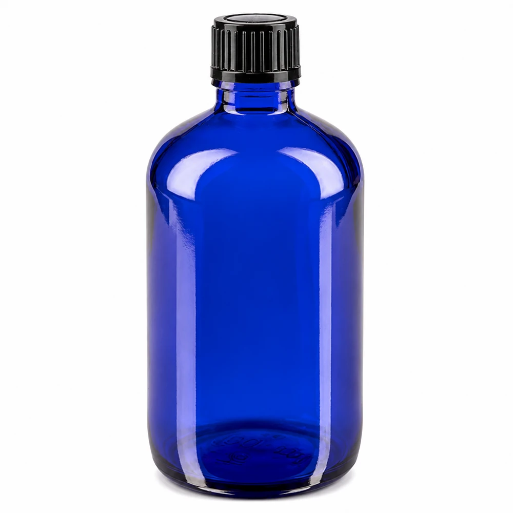 Apteekkipullo sininen 100ml ruuvikorkki musta standardi 100 ml:n sininen lasinen apteekkipullo, jossa on musta 11 mm:n kierrekorkki