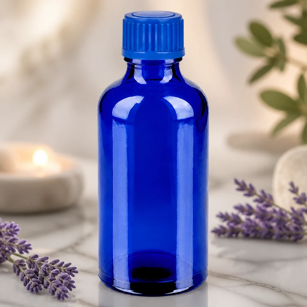 Premium 50ml lasipullo syvän koboltin sinisessä värissä ammattimaiseen aromaterapiaan.