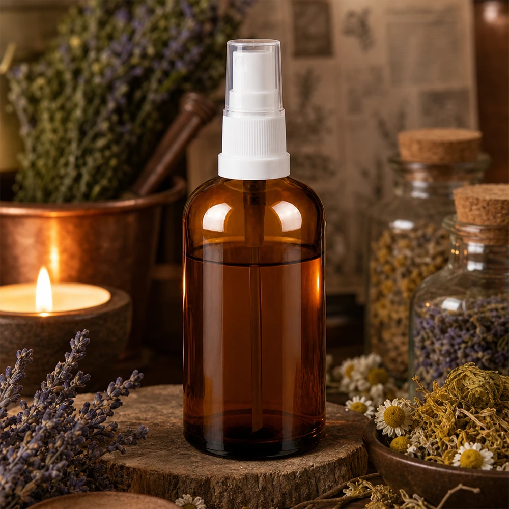 100ml suihkepullo, joka on valmistettu UV-suojatusta meripihkalasista ja jossa on tarkka suihkejärjestelmä DIY-kosmetiikkaan.