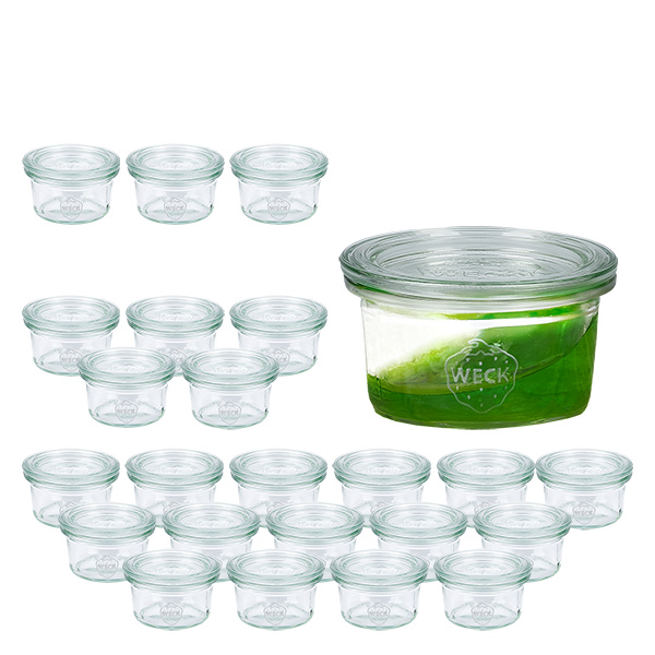24 Weck 50 ml:n juomapullon setti, jossa on 24 lasikantta. 24 Weck 50 ml:n juomapullon setti, jossa on 24 lasikantta.