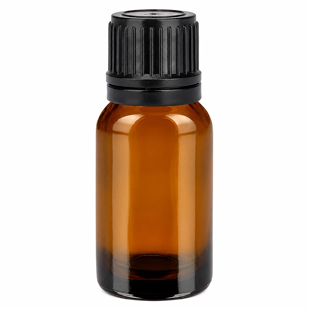 10ml ruskea lasipullo mustalla kierrekorkilla eteerisille öljyille ja kosmetiikalle.