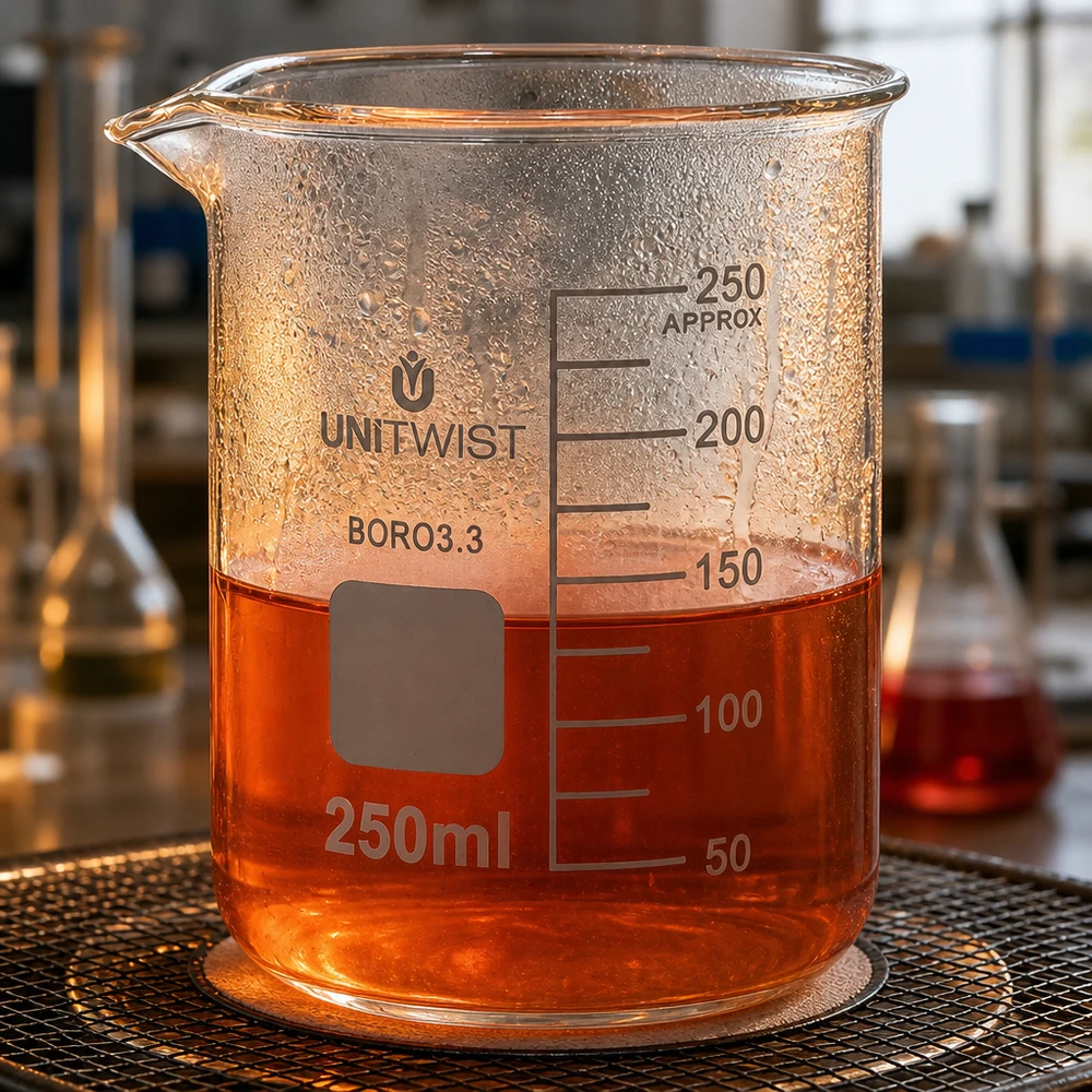 UNiTWIST-lasimalja, 250 ml, borosilikaattia, matala malli, jossa on oranssia nestettä laboratoriotelineellä