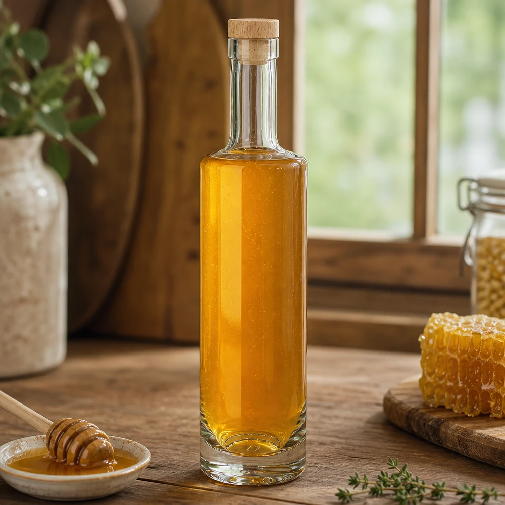 500ml Glasflasche Lina mit Holzkorken gefüllt mit Honig neben Bienenwabe rustikale Landküche natürliche Zutaten
