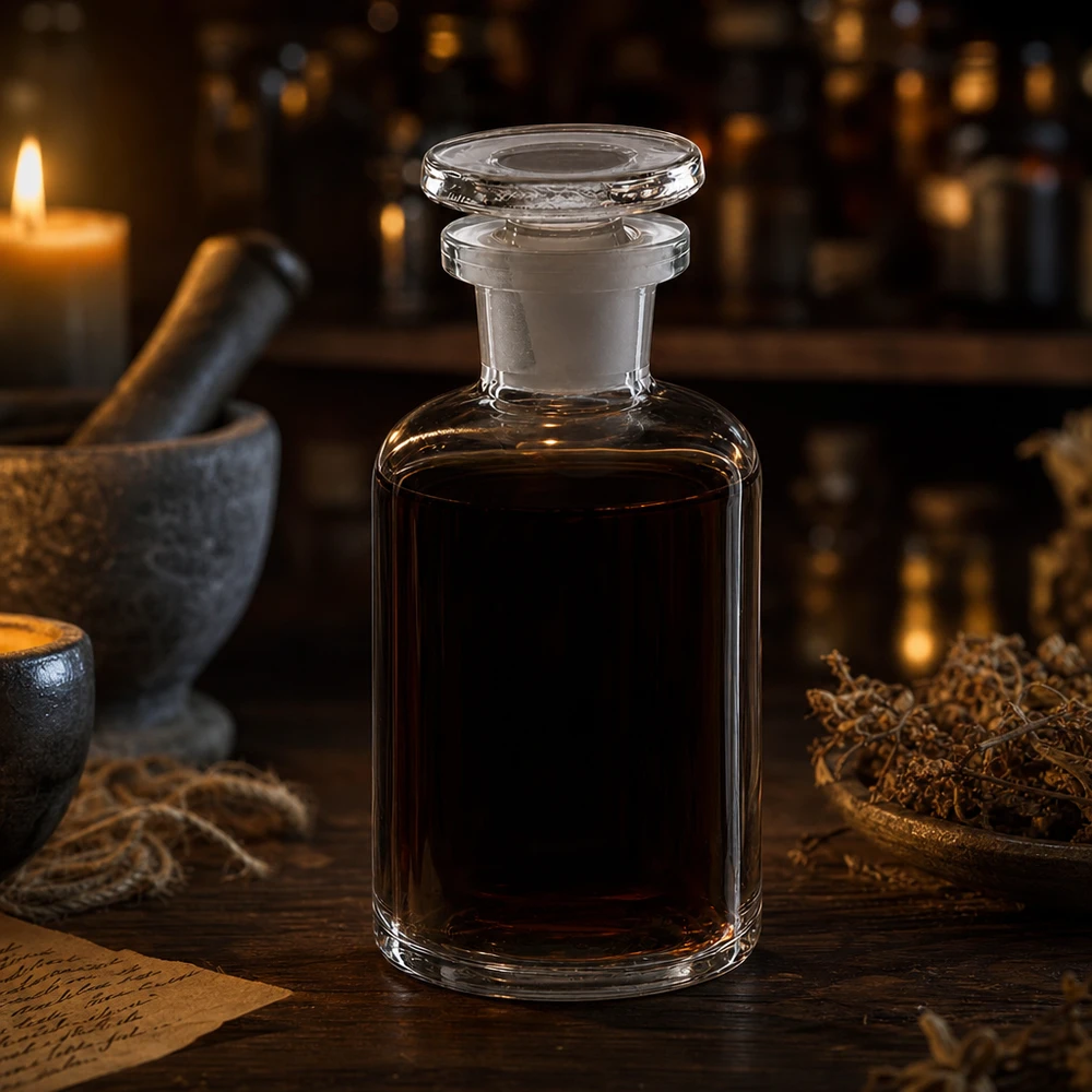Pyöreä olkapääpullo 50ml kirkas kapeakaulainen lasitulppa 50 ml:n apteekkipullo, tumma sisältö, lasitulppa, kapeakaulainen, pyöreäolkapäinen, antiikkityylinen