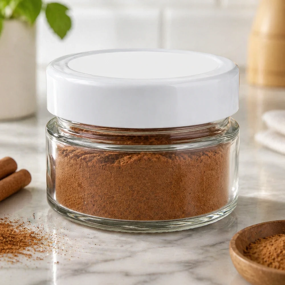 80ml pyöreä purkki täynnä ruskeaa jauhetta osoittaa käytännöllisen käytön mausteiden ja keittiön säilytykseen.