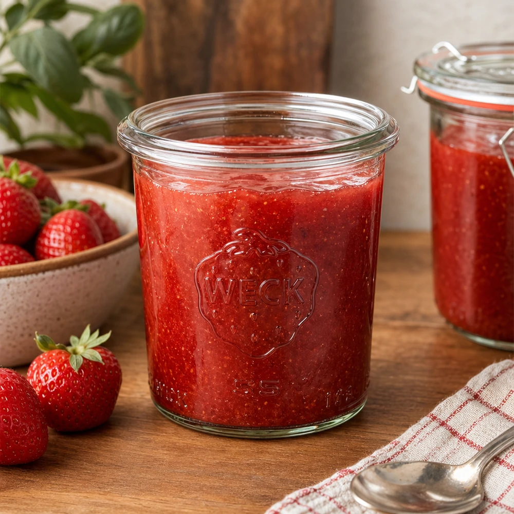 140ml WECK RR60 -purkki täynnä kotitekoista mansikkahilloa puupöydällä, jossa on tuoreita mansikoita.