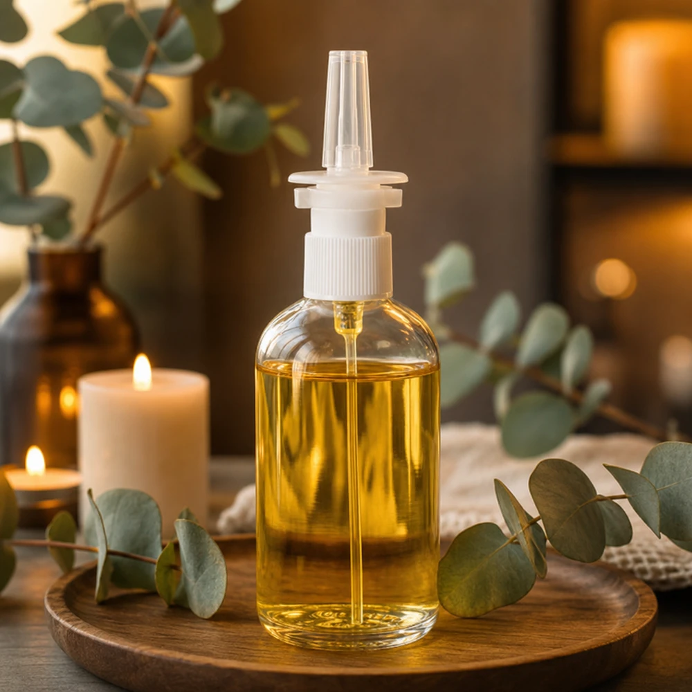 100ml nenäsumutinpullo valkoinen/läpinäkyvä vakiosuljin ClearLine UT18/100 100 ml:n ClearLine-nenäsumutepullo puualustalla, jossa on eukalyptusoksia ja kynttilöitä
