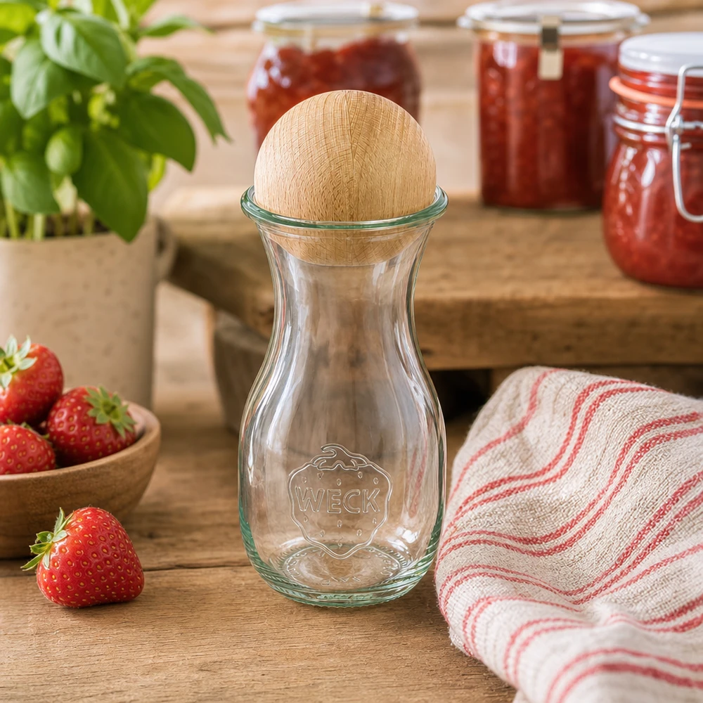 290ml mehupullo WECK RR60, jossa on puupallo pyökkiä WECK lasipullo 290ml RR60, jossa on pyökkipallotulppa maalaismaisessa keittiössä mansikoiden ja hillopurkkien vieressä.