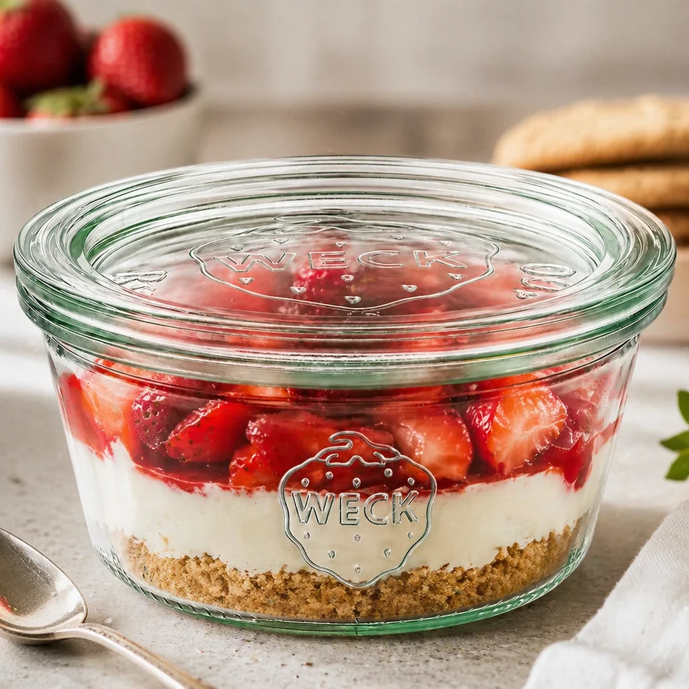 WECK tumblers 290ml RR100 täynnä mansikka kerrostettu jälkiruoka osoittaa monipuolisen käytön jälkiruokapurkkina, jossa on lasikansi