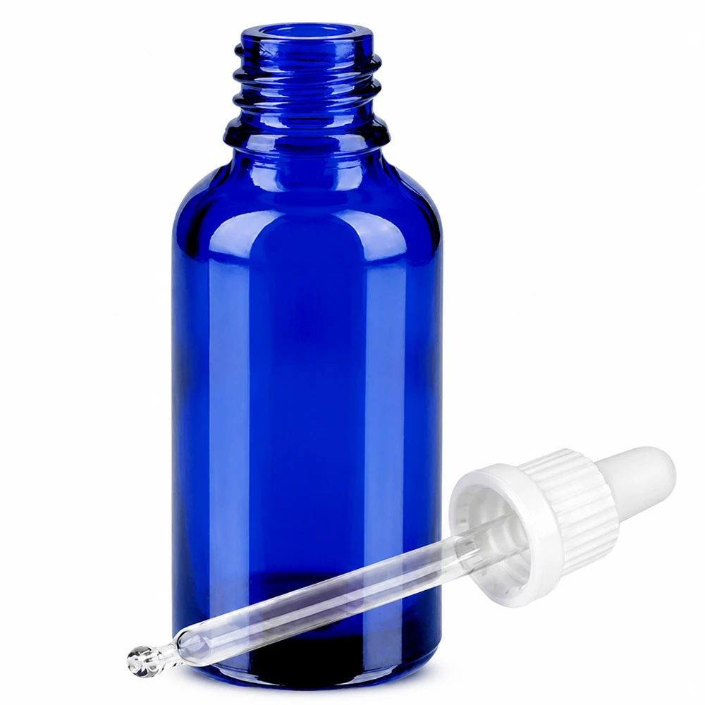 30ml pipettipullo valkoinen peukaloinninesto BlueLine UT18/30 BlueLine UT18/30 30ml lasipullo pipetillä eteerisille öljyille BlueLine UT18 DIN18 kierre koboltin sininen