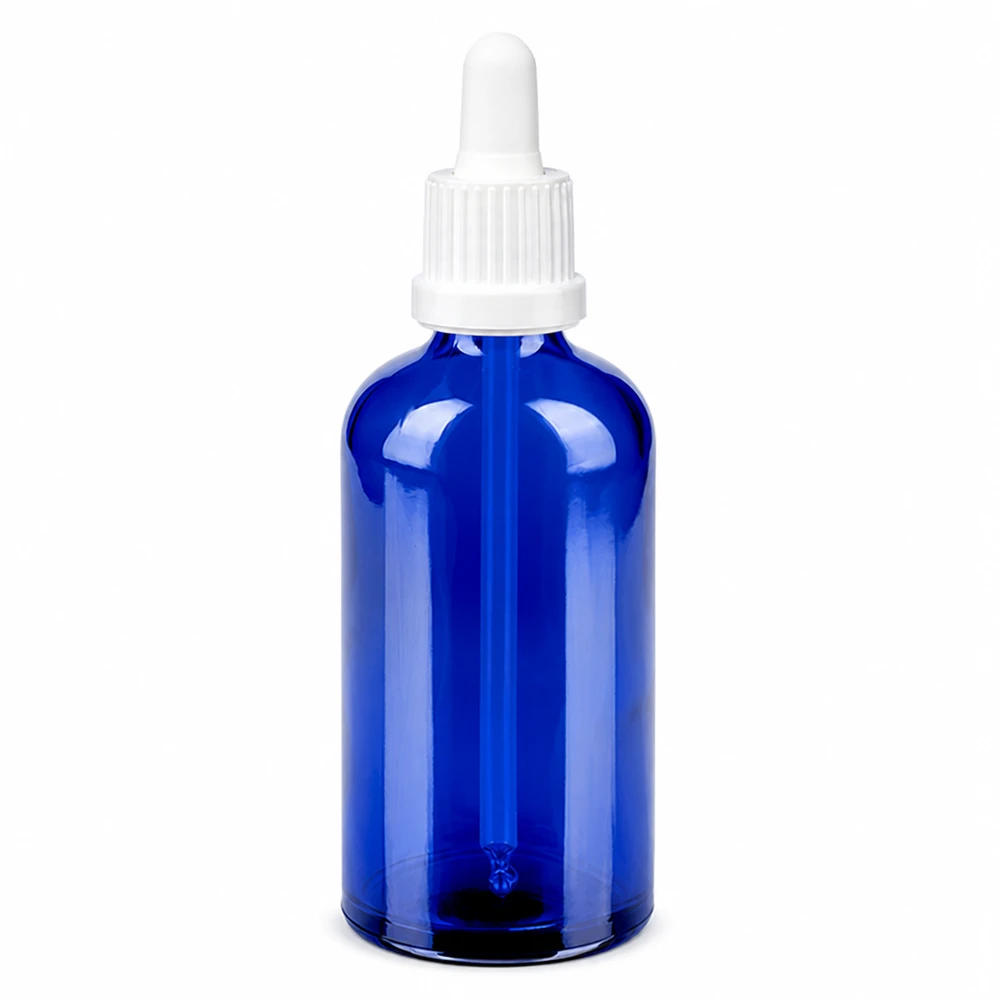 100ml pipettipullo sinistä lasia valkoisella pipetillä tarkkaa annostelua varten.