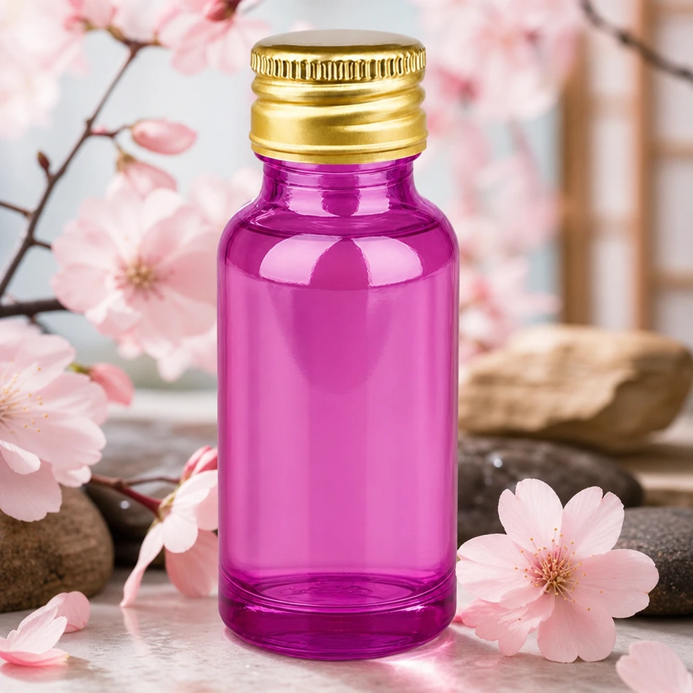 20ml violetti lasipullo aromaterapialle ja eteerisille öljyille, jossa on kultainen korkki.