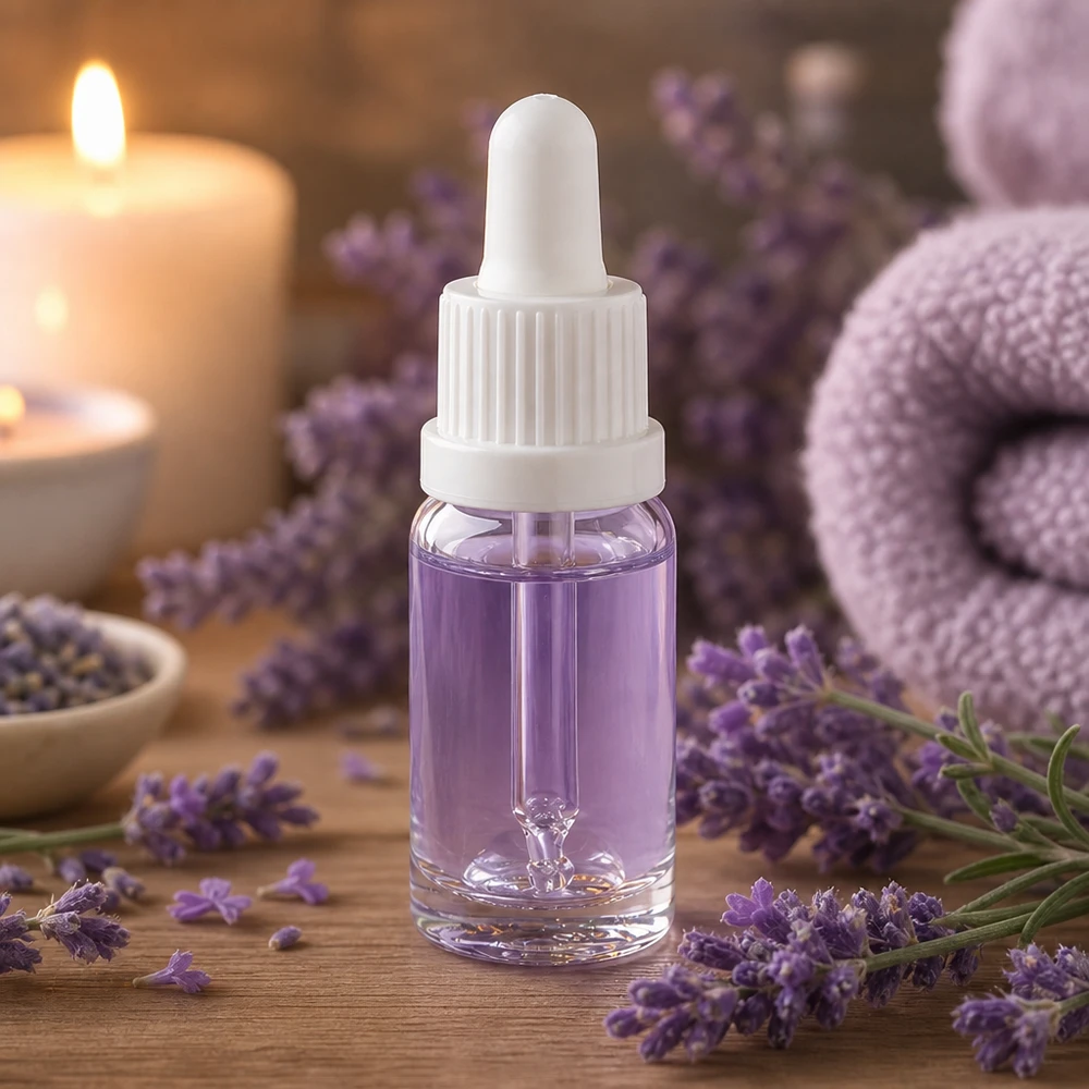 10ml pipettipullo valkoinen peukaloinnin estävä korkki ClearLine UT18/10 Laventeliöljy 10 ml:n pipettipullossa, valkoinen OV ClearLine UT18/10, violetti sisältö