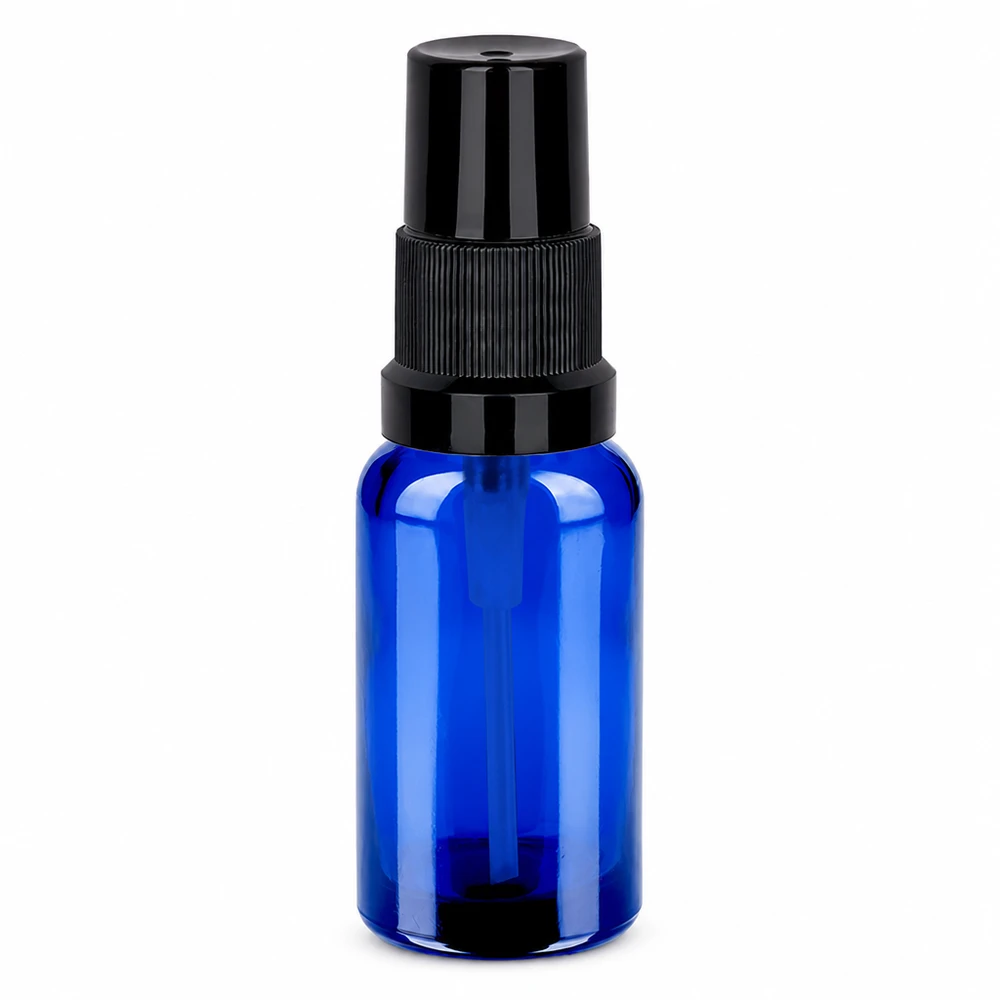 20ml ruiskupullo musta STD BlueLine UT18/20 valmistettu korkealaatuisesta sinisestä lasista ja mustalla ruiskupäällä.