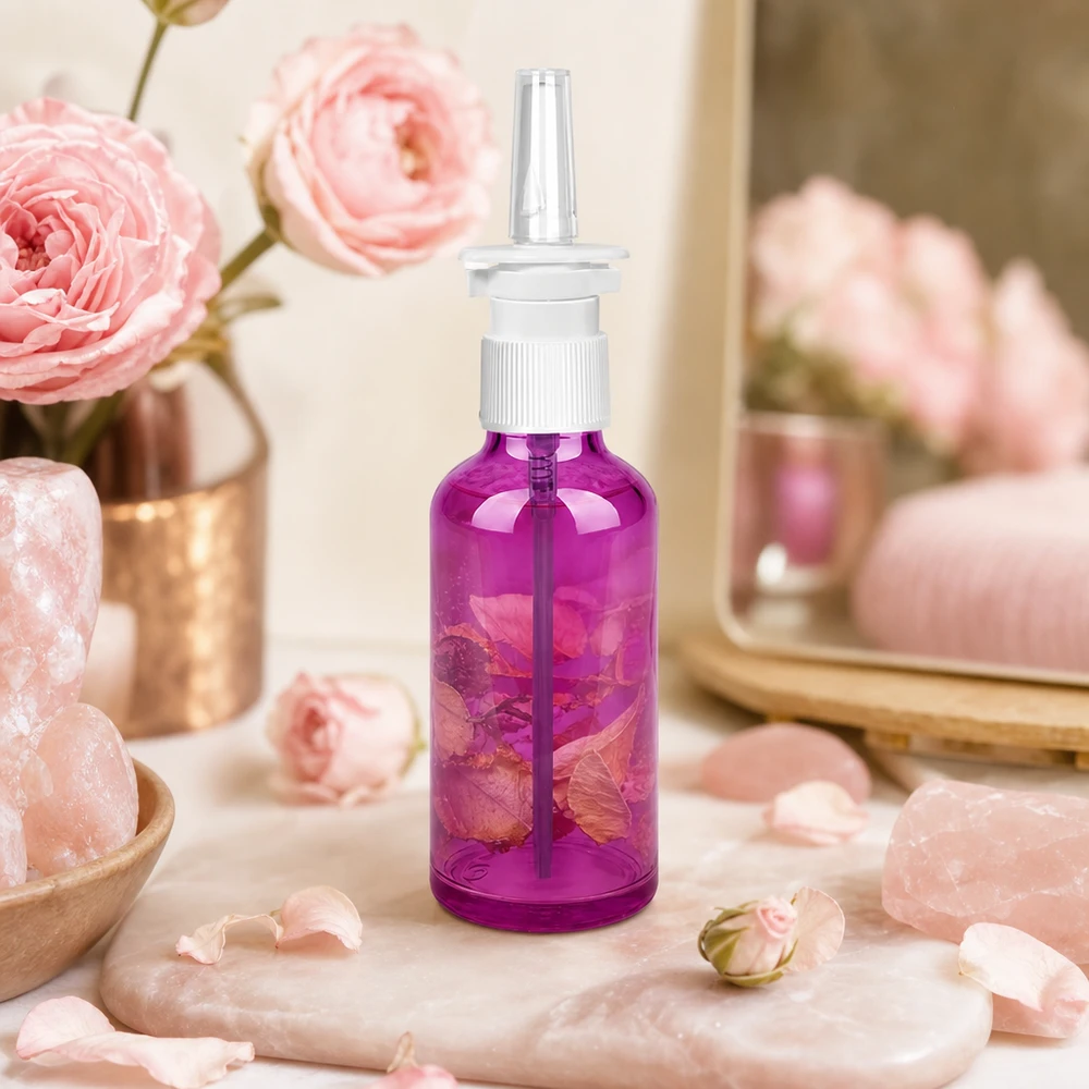 Korkealaatuinen 50ml nenäsumutepullo, jossa on valkoinen suihkupää tyylikkäässä violetissa aromaterapiaan.