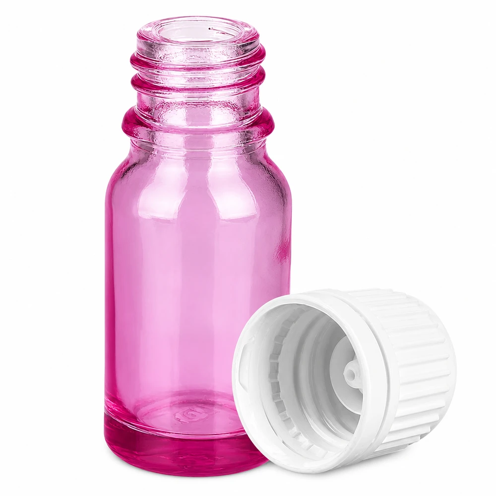 Pieni 10ml violetti lasipullo, jossa on käytännöllinen valkoinen korkki aromaterapiaan ja kosmetiikkaan.