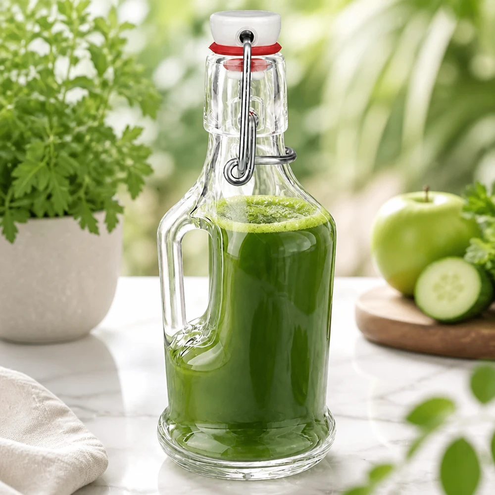 200ml Glasflasche "Bertha" + PVC Bügelverschluss UNiTWIST Glasflasche Bertha 200ml mit grünem Smoothie befüllt, Bügelverschluss, natürliche Küchendeko mit frischen Zutaten