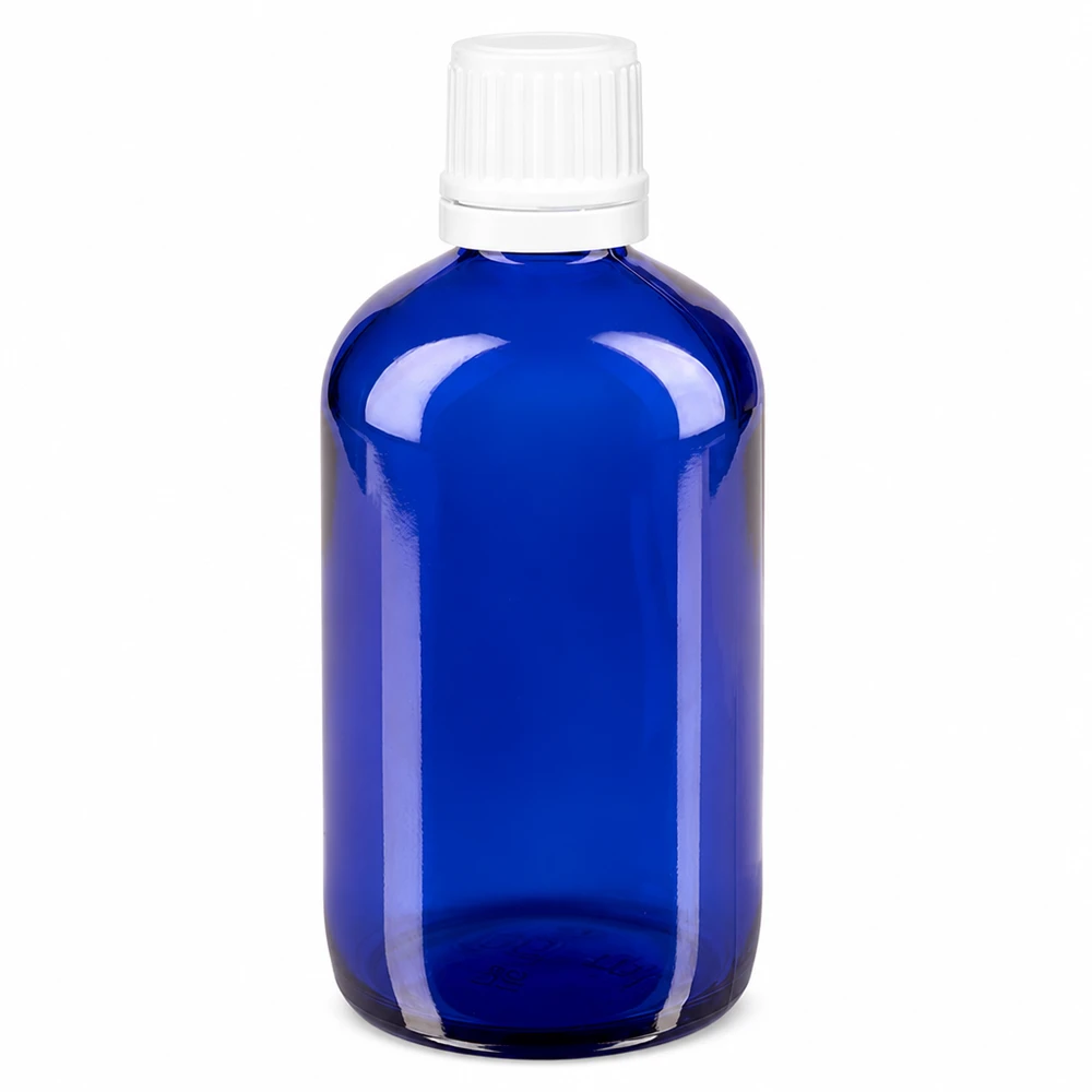 Apteekkipullo sininen 100ml ruuvikorkki valkoinen peukaloinninesto sulkeminen 100 ml:n sininen lasinen apteekkipullo, jossa on valkoinen kierrekorkki ja 11 mm:n alkuperäisyystulppa