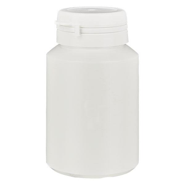 Kapselirasia 100 ml valkoinen, jossa Jaycap-sulkimella varustettu sulkimissuoja valkoinen Kapselirasia 100 ml valkoinen, jossa Jaycap-sulkimella varustettu sulkimissuoja valkoinen