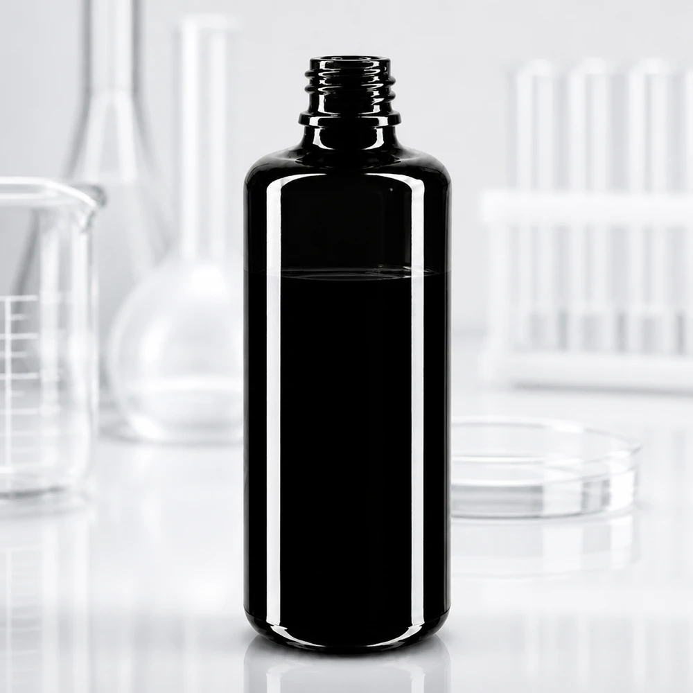 Kompakti 50ml Orion tippapullo tummanviolettia Miron-lasia nesteiden tarkkaan annosteluun.