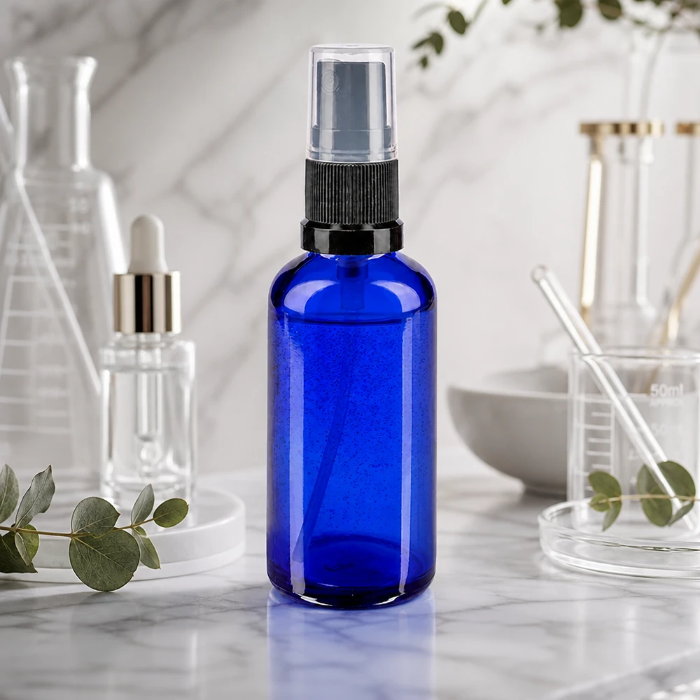 Sininen 50 ml:n lasipullo, jossa on hienosumutussuihku ja läpinäkyvä kansi, laboratorioympäristössä