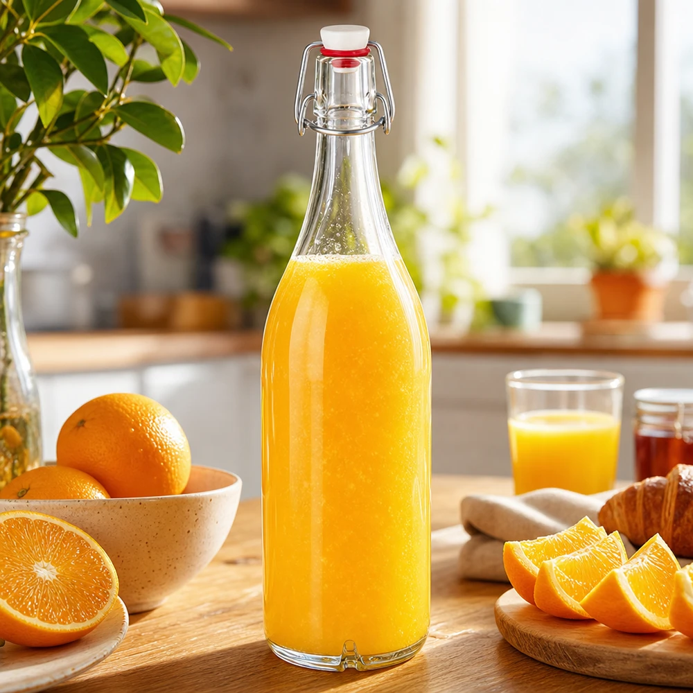 1000ml lasipullo + keinuposliini UNiTWIST UNiTWIST 1000 ml:n lasipullo, jossa on kääntyvä korkki ja joka on täytetty tuoreella appelsiinimehulla appelsiinien vieressä keittiön pöydällä.