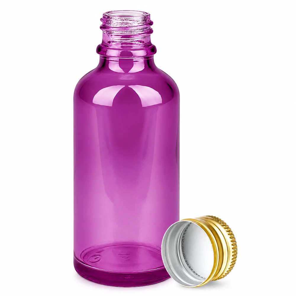 Violetti lasipullo 50ml kierrekorkilla 11mm SV aromaterapiaan ja luonnonkosmetiikkaan.