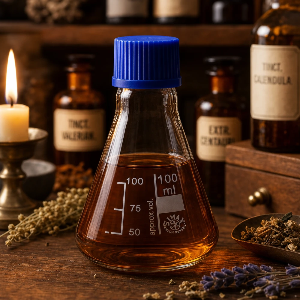 Erlenmeyer-pullo 100ml, jossa on kierrekorkki. Ruskea lasipullo 100ml Erlenmeyer sinisellä kierrekorkilla aromaterapiaan ja yrttiseoksiin