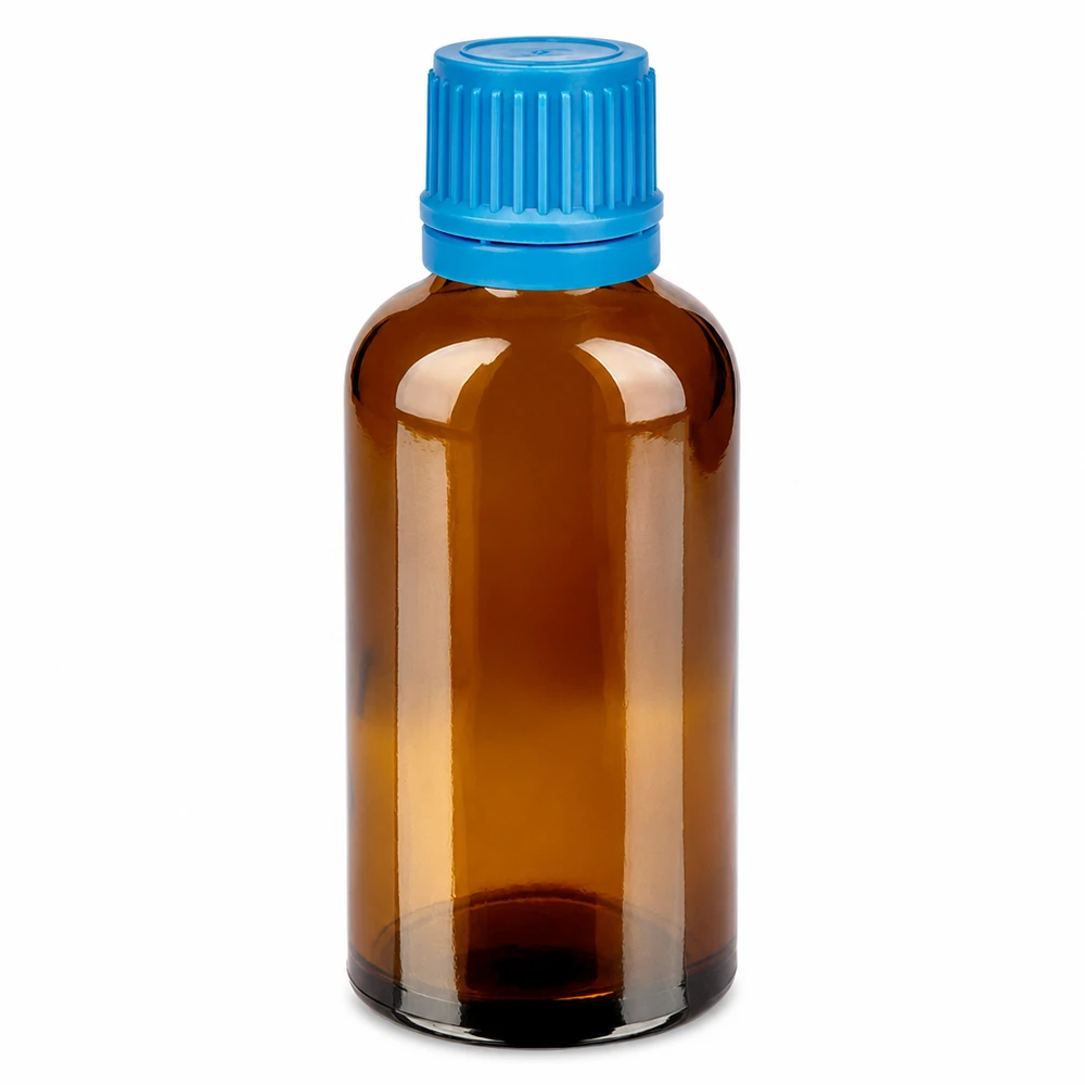 50ml pullo 11mm kierrekorkki sininen väärentämisen estävä sulkeminen BrownLine UT18/50 50ml meripihkanvärinen lasipullo sinisellä kierrekorkilla lääkkeitä ja tippoja varten.