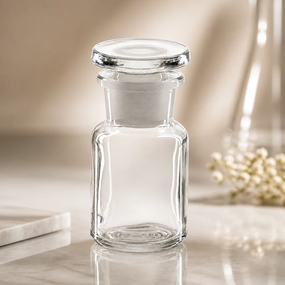 Tyhjä, läpinäkyvä apteekkipullo, 50 ml, leveäkaulainen ja pyöreällä lasitulpalla, marmorialustalla