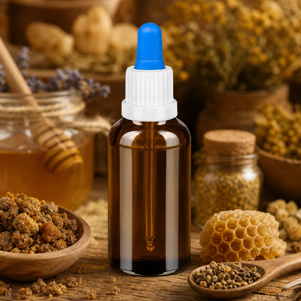 Ammattimainen 30ml pipettipullo sinisellä pipetillä tarkkaan pisara-annosteluun naturopatian alalla.
