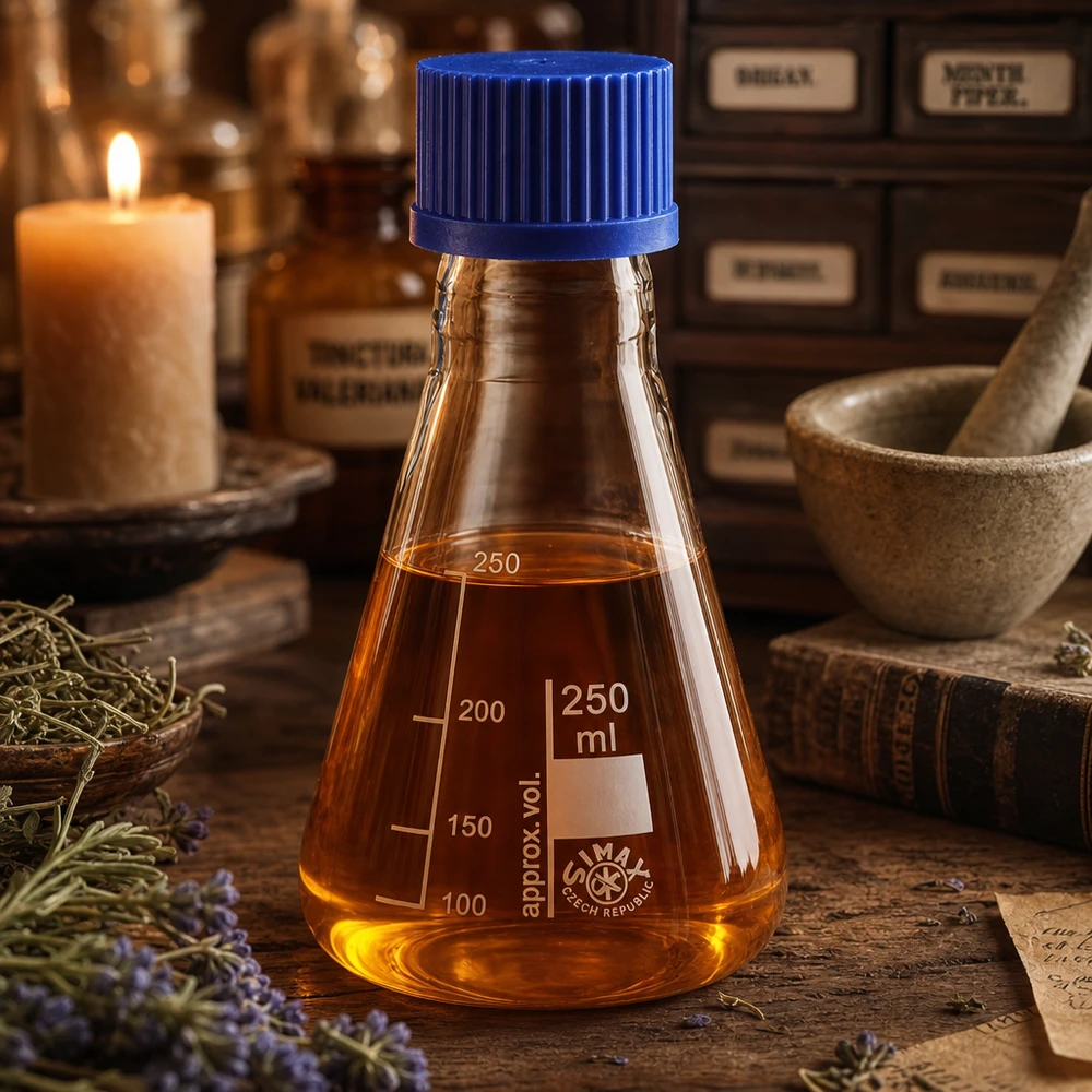 Erlenmeyer-pullo 250ml, jossa on kierrekorkki. Erlenmeyer-lasipullo 250ml, jossa on mittausmerkinnät ja sininen korkki kemian laboratorioon.