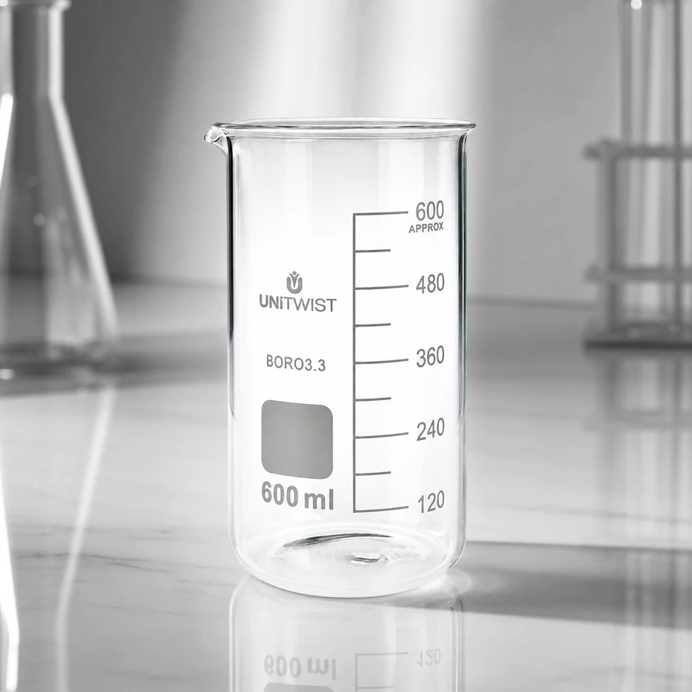 UNITWIST-lasimuki, 600 ml, korkea malli, borosilikaattia, tyhjä, laboratoriopöydällä, taustalla Erlenmeyer-pullo