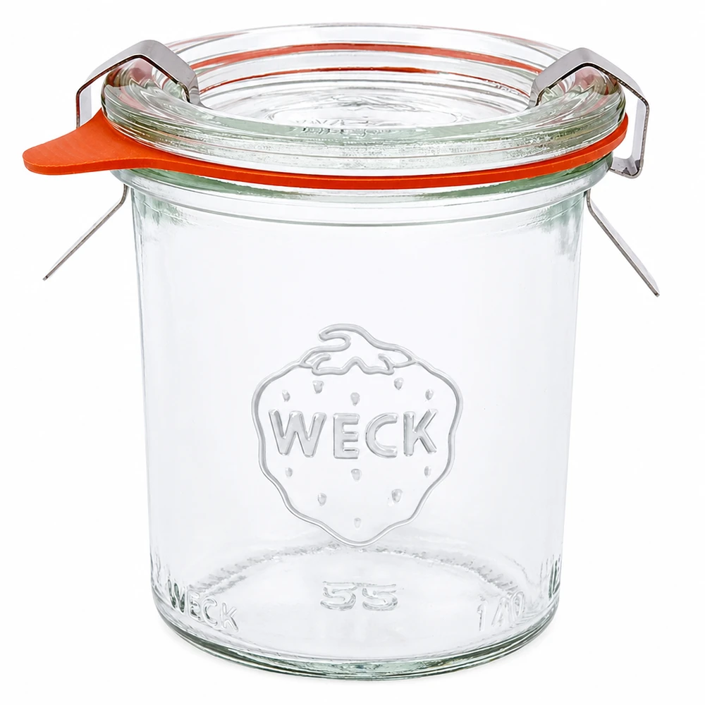 140 ml:n tumppupurkki täydellisenä WECK RR60 WECK 140ml RR60 lasikupit, joissa on lasikansi, kumirengas ja puristimet, täydellinen setti säilykkeisiin ja säilöntään.