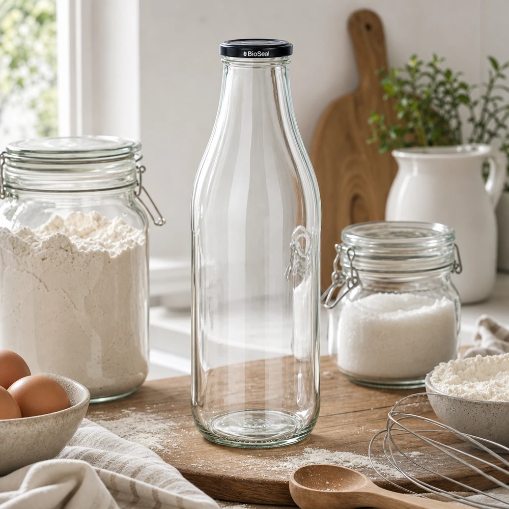 1000ml lasipullo + BioSeal-kansi musta UNiTWIST 1000ml lasipullo BioSeal-kannella keittiössä säilytyspurkkien välissä jauhot sokeri keittiötarvikkeet elämäntapa