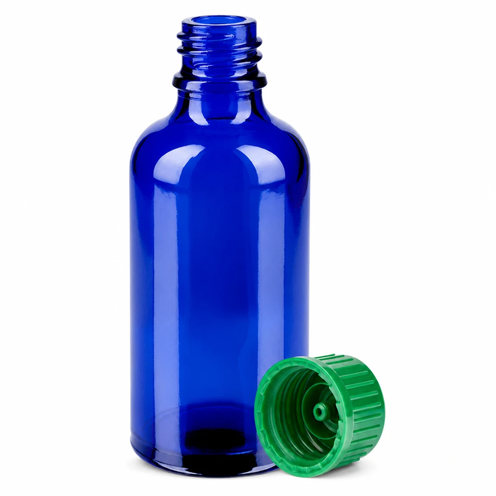 50ml meripihkanvärinen lasipullo, jossa on 18mm DIN-kierre ja lapsiturvallinen korkki lääkitystä varten.