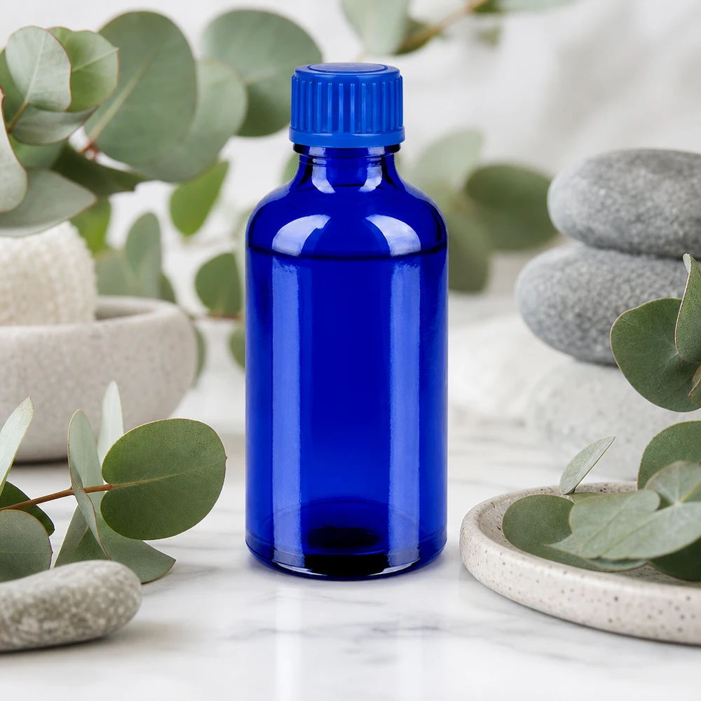 Kompakti 50ml lasipullo tyylikkäässä koboltinsinisessä värissä, jossa on käytännöllinen 11mm kierrekorkki.