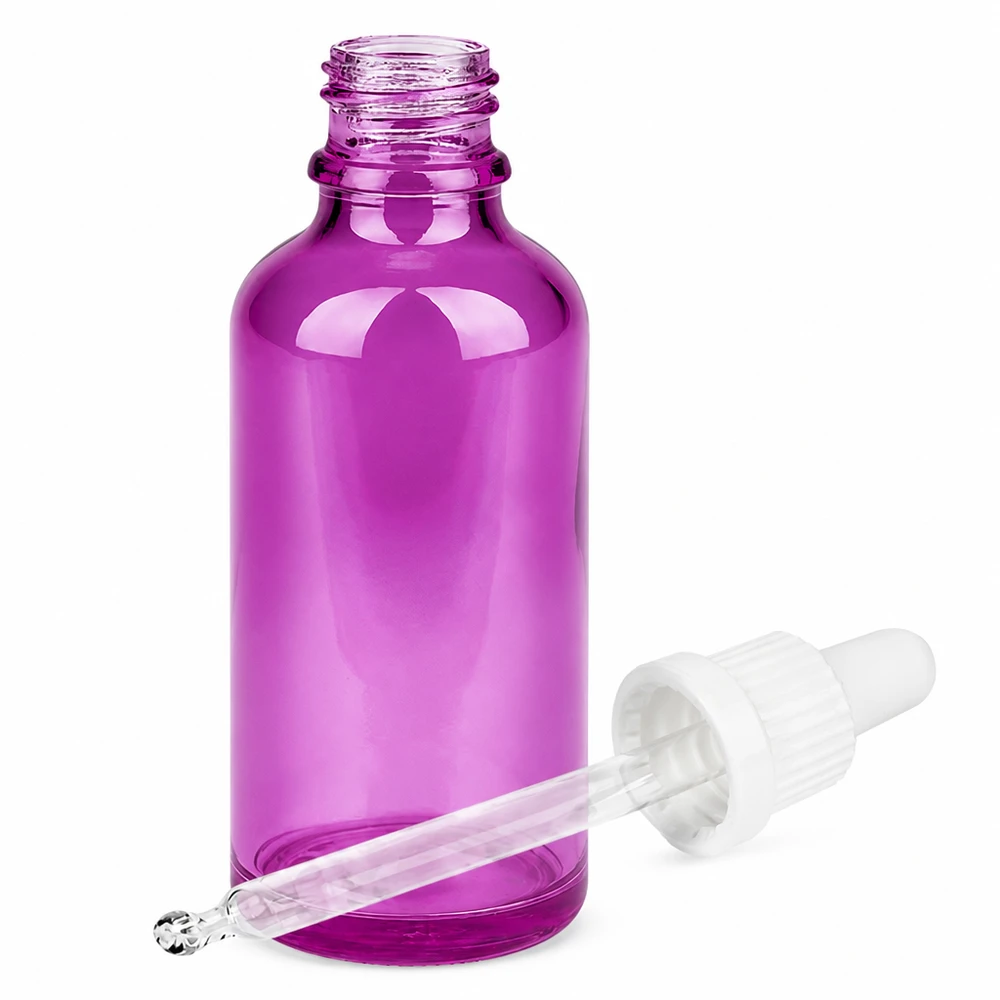 50ml pipettipullo valkoinen Originality-kierrekorkki PurpleLine UT18/50 PurpleLine UT18/50 Violetti lasipullo 50ml pipetillä kosmetiikkaa ja eteerisiä öljyjä varten - tarkka levitys.