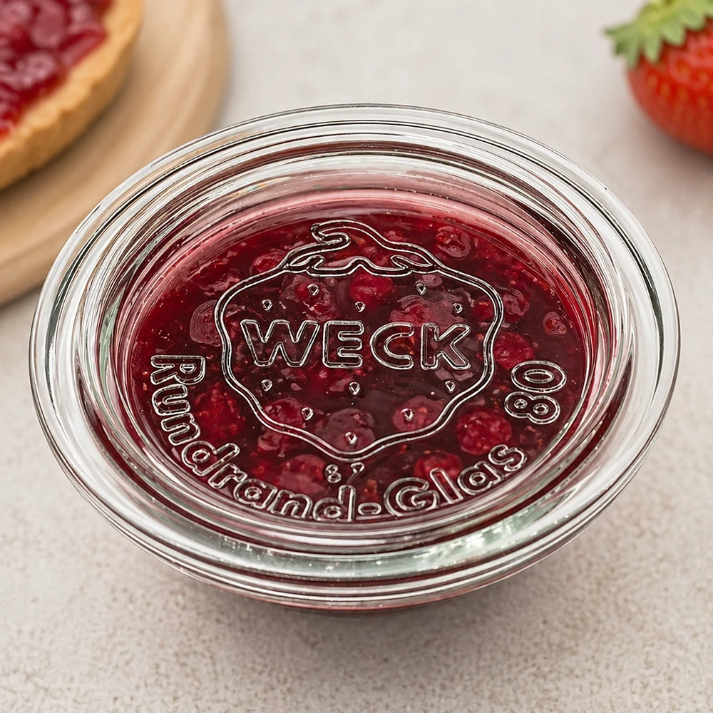 WECK-lasikansi RR80 WECK Glasdeckel RR80 mit Marmelade befüllt zeigt praktische Verwendung als Schale für Konfitüre und Aufstriche