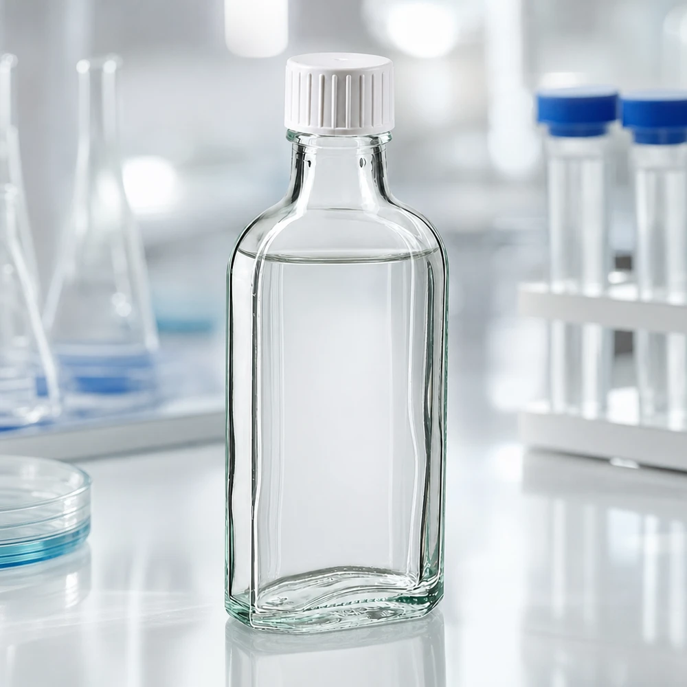 Litteä 100 ml:n Meplat-lasipullo, jossa on valkoinen kierrekorkki ja kaatorenkaan, pystysuunnassa