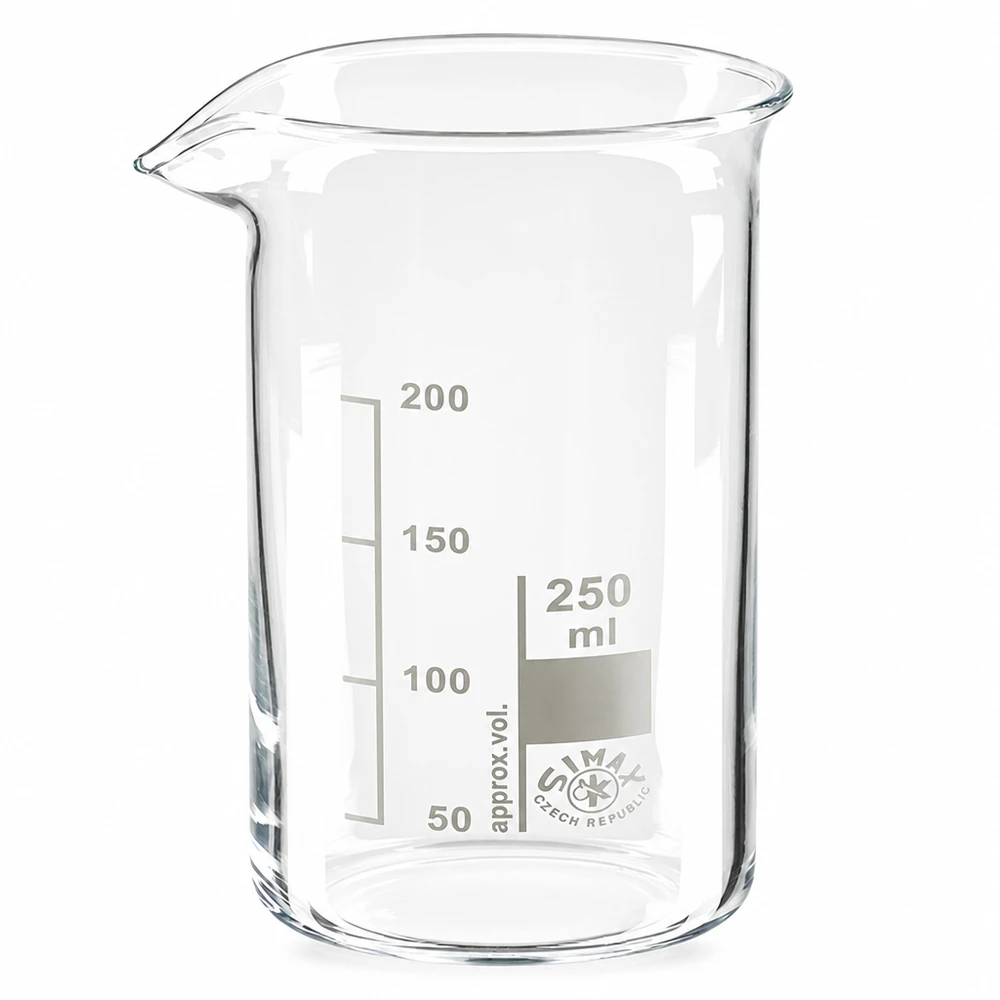250 ml:n korkea koeputki, valmistettu kirkkaasta borosilikaattilasista, millilitrimittakaavalla varustettu, laboratoriokäyttöön