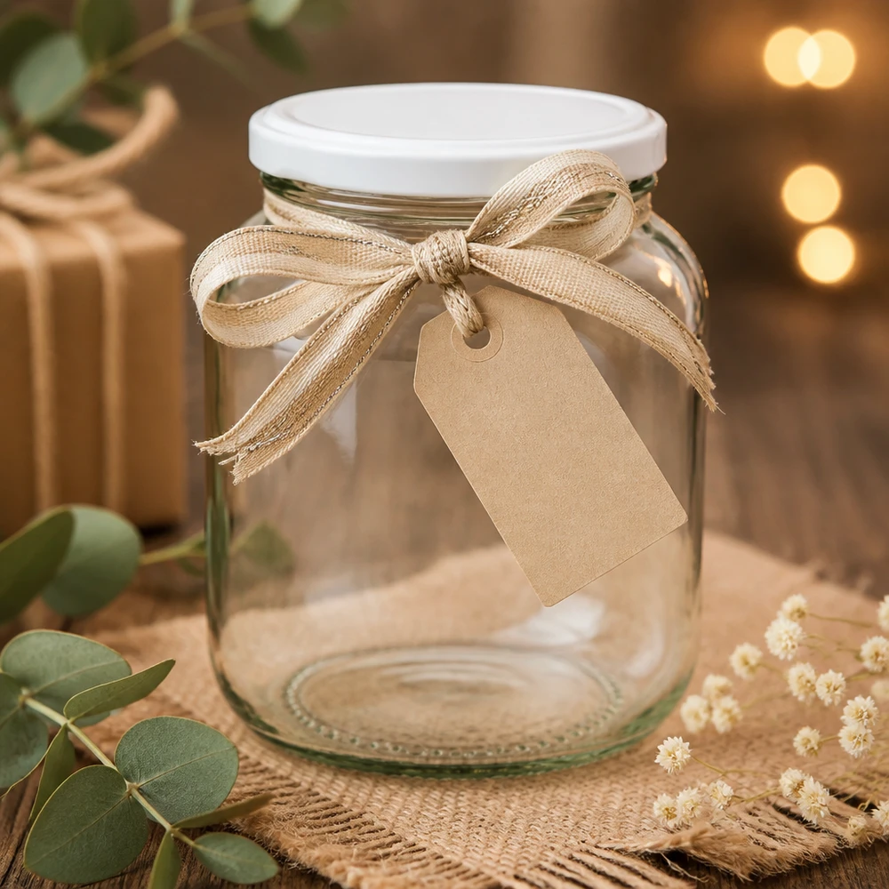370ml soikea purkki BasicSeal-kannella valkoinen UNiTWIST 370ml Ovalglas UNiTWIST mit weißem Deckel dekorativ gestaltet mit Juteband und Geschenkanhänger als Geschenkidee