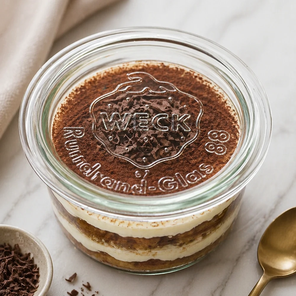 WECK lasikansi RR80 tiramisu jälkiruoka Weck-purkissa, jossa on kohokuvioitu logo ja kaakaopölyä keittiökohtauksena.