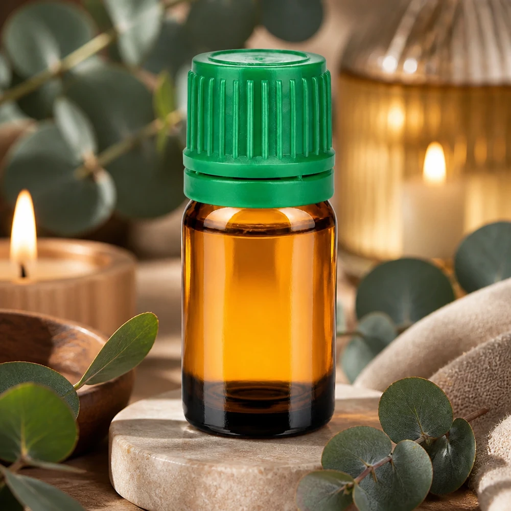 Pieni 5ml aromaterapiapullo ruskeasta lasista, jossa on lapsiturvallinen vihreä korkki.