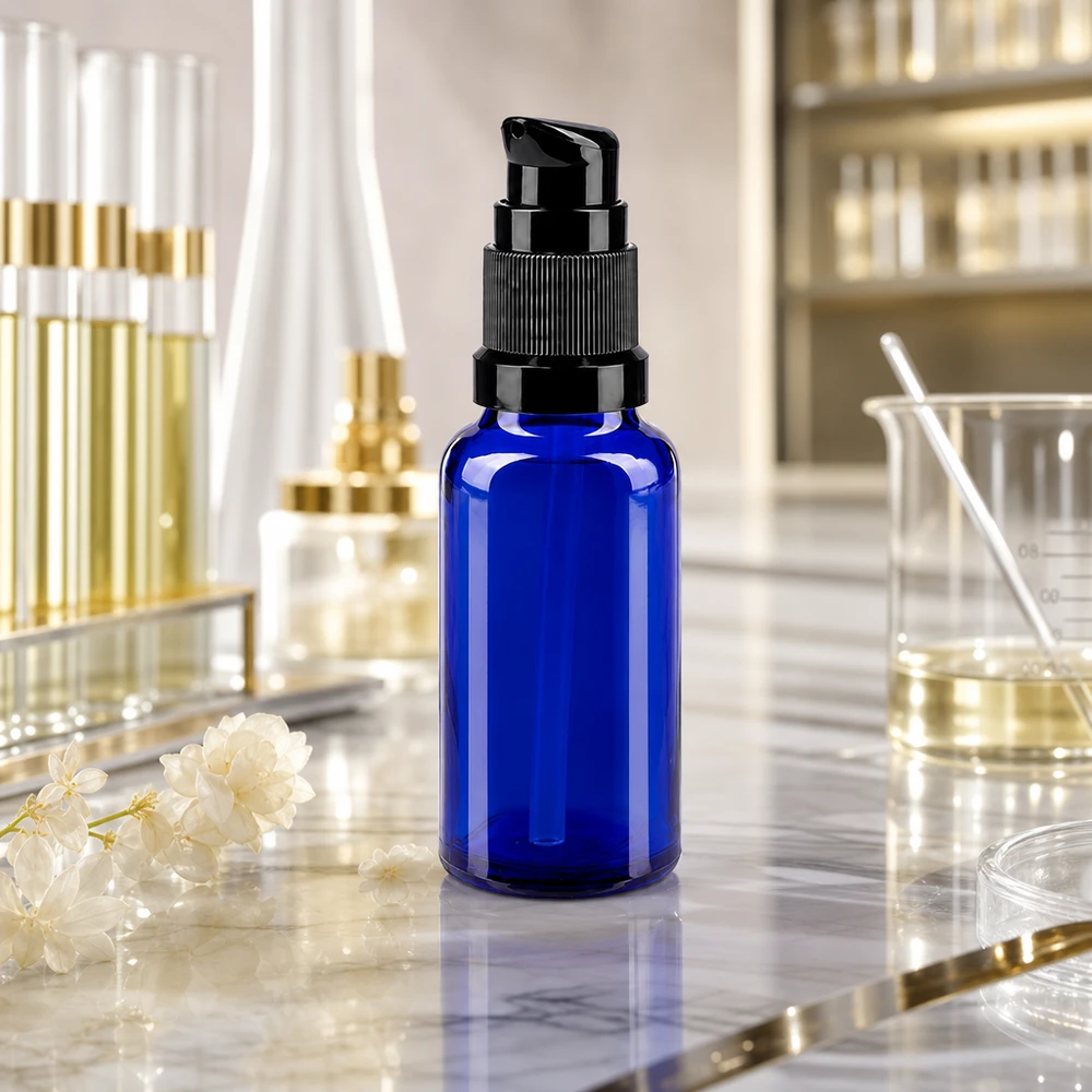 Sininen 20 ml:n pumppupullo apteekkilasista laboratoriossa, jossa on mitta-astia ja koeputket