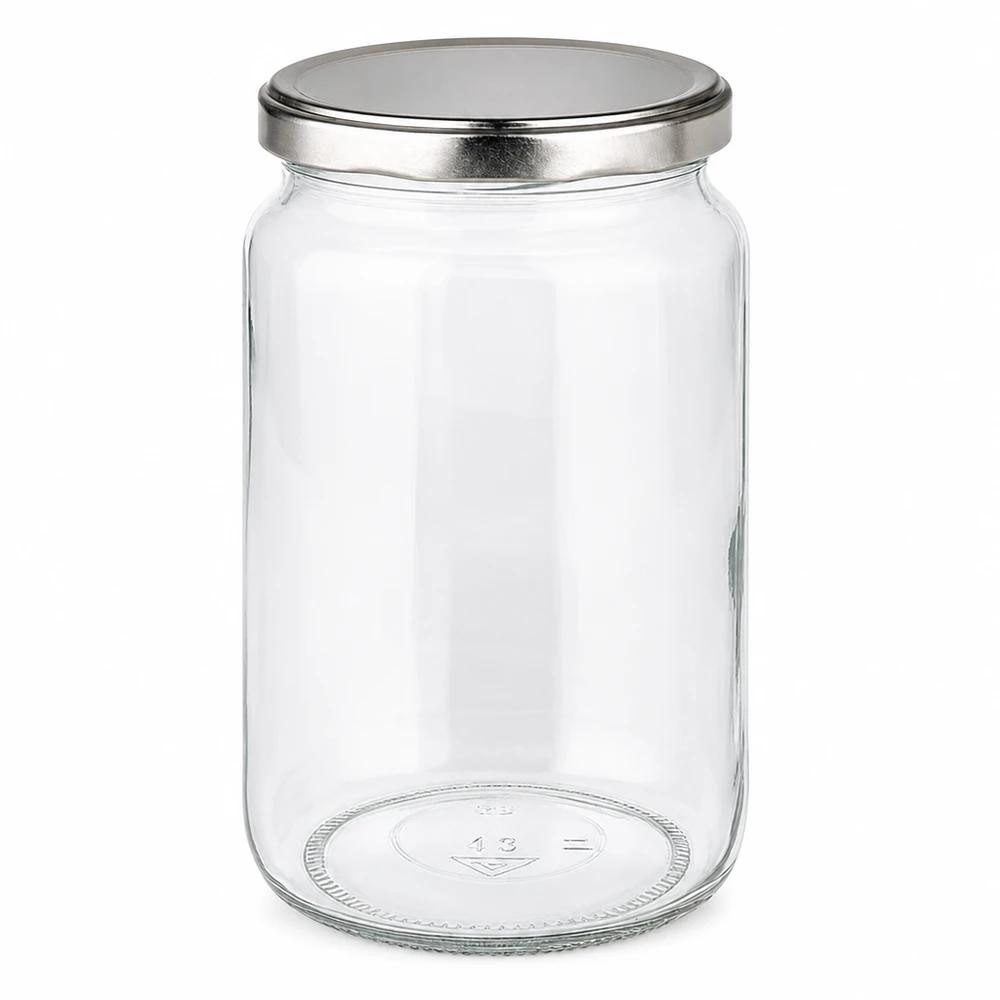 795ml pyöreä purkki hopeisella BasicSeal-kannella - tyhjä säilykepurkki, jossa on metallikansi säilöntään ja säilytykseen.