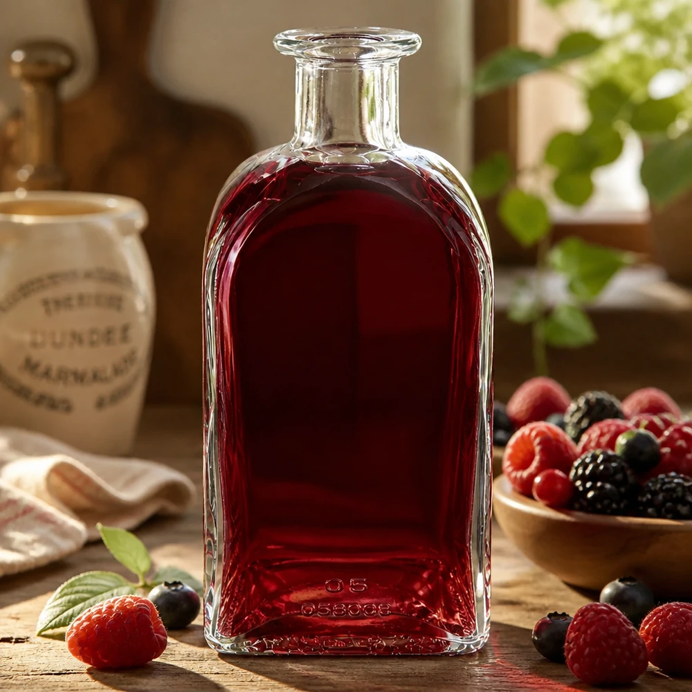 Lasipullo Julia 500ml täynnä punaista nestettä marjojen ympäröimänä koristeena puupöydällä.
