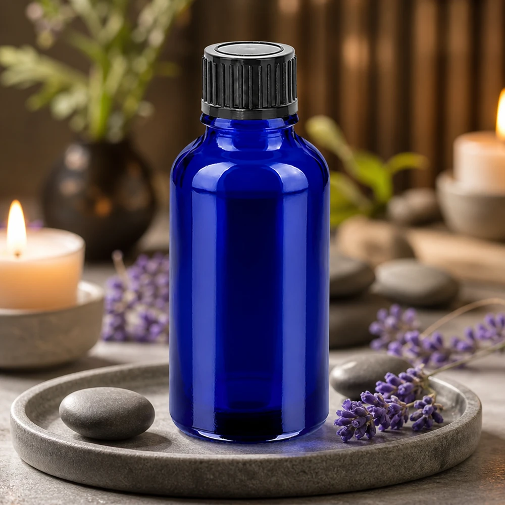 30ml koboltinsininen lasipullo 11mm kierrekorkilla ammattimaiseen aromaterapiaan.