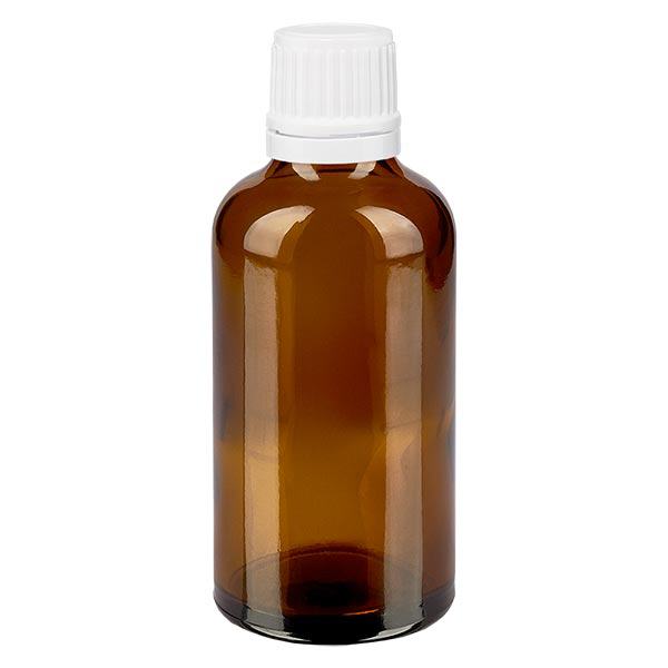 Apteekkipullo ruskea 50ml tiputuskorkki 1.2mm valkoinen tamper-evident sulk.