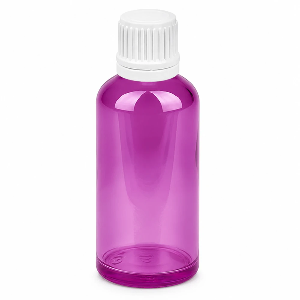 50ml tippapullo violetti läpinäkyvä valkoinen korkki tarkkaa annostelua varten.